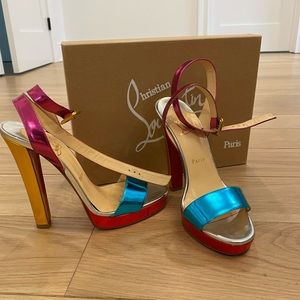 authentic CHRISTIAN LOUBOUTIN Metallic Specchio Calf Echasse 120 sandal size 38